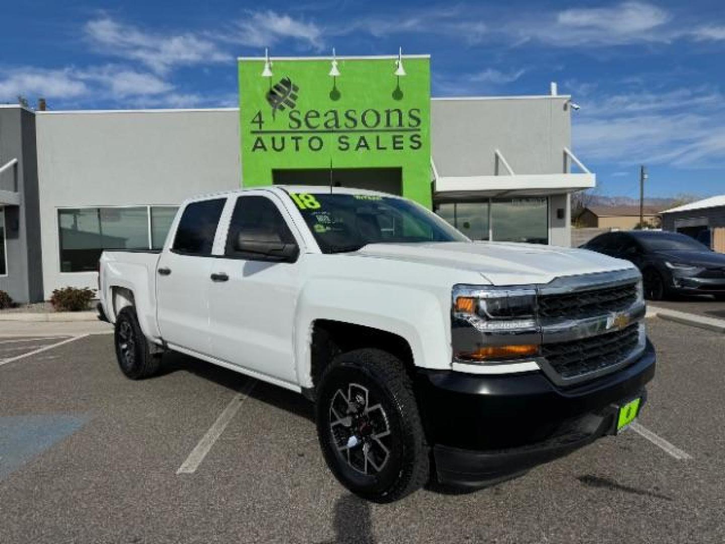 2018 Summit White /Gray Leather Interior Chevrolet Silverado 1500 Work Truck Crew Cab Short Box 2WD (3GCPCNEH0JG) with an 4.3L V6 OHV 12V engine, 6-Speed Automatic transmission, located at 940 North Main Street, Cedar City, UT, 84720, (435) 628-0023, 37.692936, -113.061897 - Photo#0