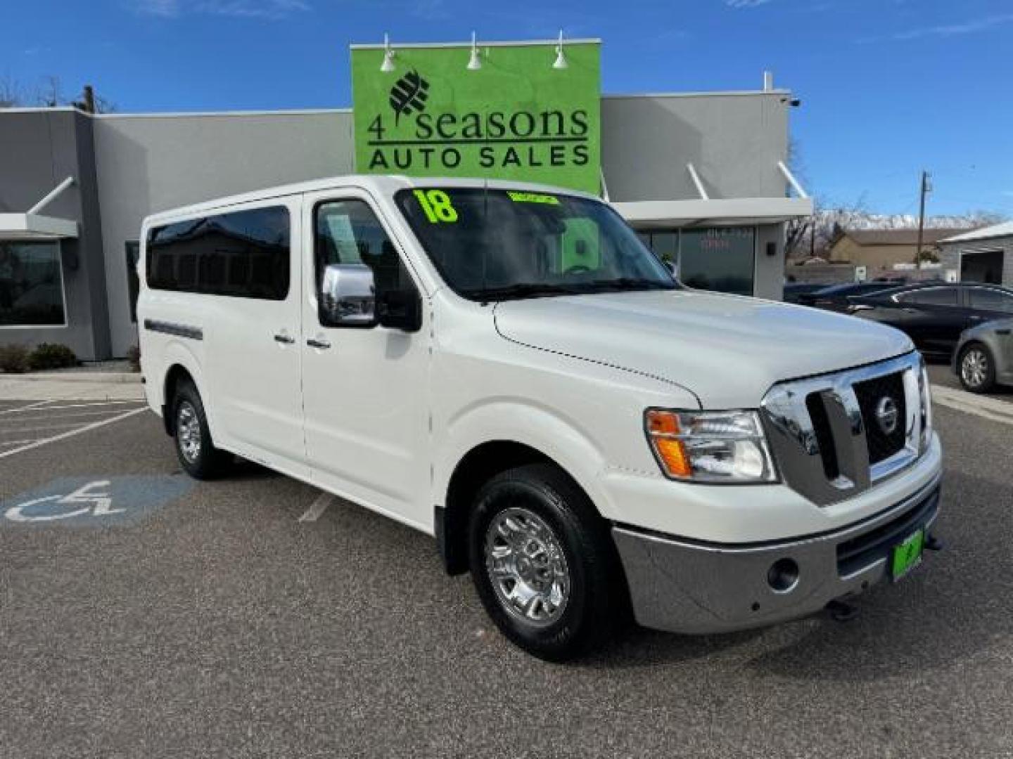 2018 Glacier White /Beige, leather Nissan NV Passenger 3500 SL V8 (5BZAF0AA5JN) with an 5.6L V8 engine, 5-Speed Automatic transmission, located at 1865 East Red Hills Pkwy, St. George, 84770, (435) 628-0023, 37.120850, -113.543640 - Photo#0