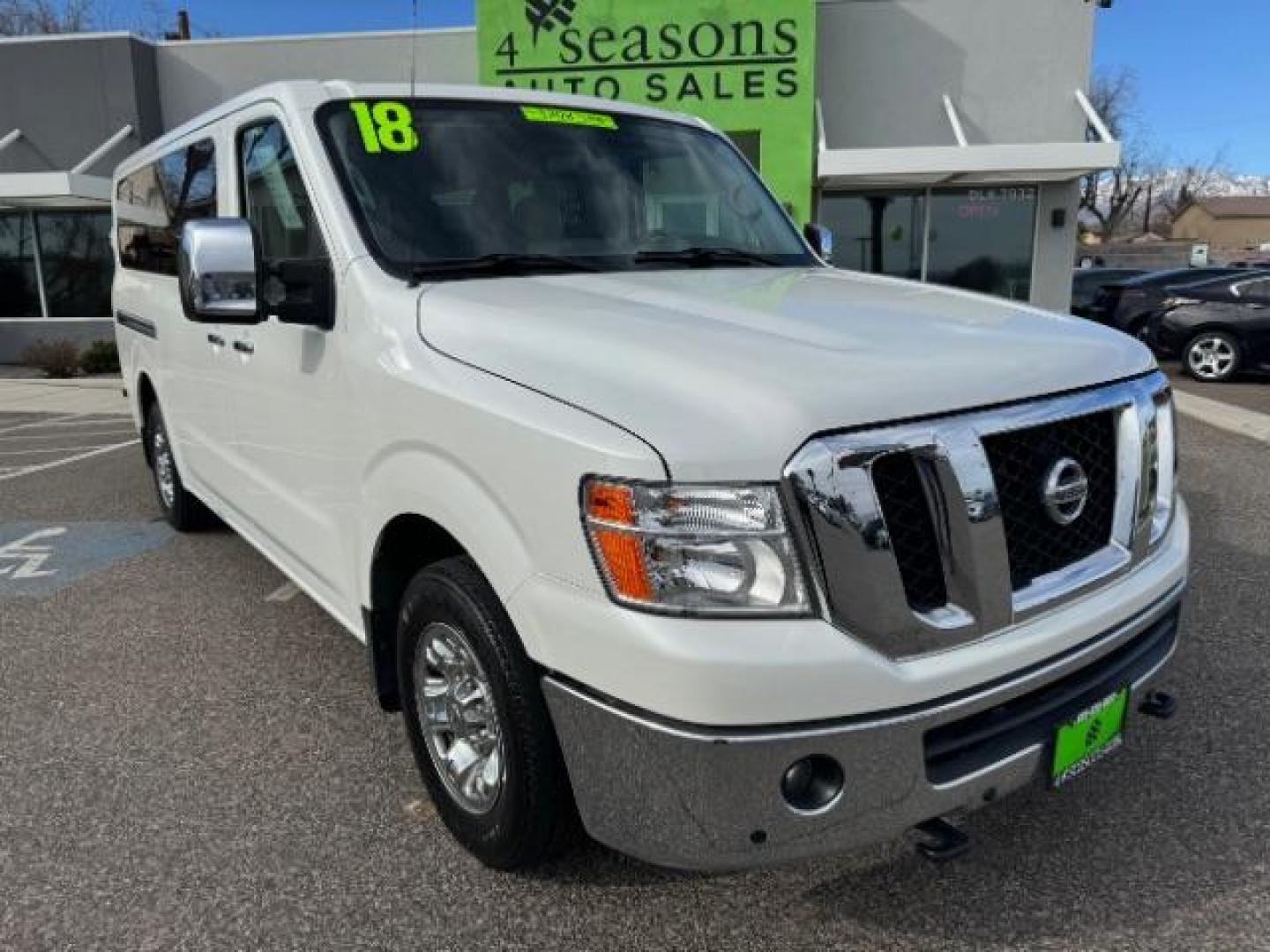 2018 Glacier White /Beige, leather Nissan NV Passenger 3500 SL V8 (5BZAF0AA5JN) with an 5.6L V8 engine, 5-Speed Automatic transmission, located at 1865 East Red Hills Pkwy, St. George, 84770, (435) 628-0023, 37.120850, -113.543640 - Photo#1