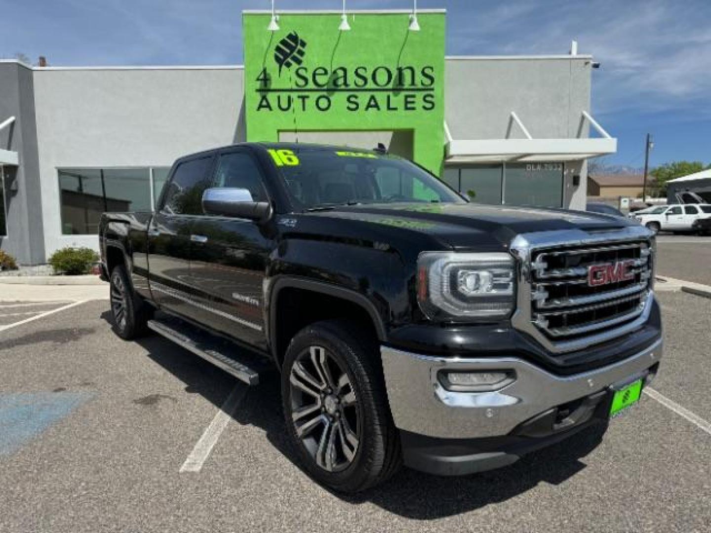 2016 Onyx Black /Jet Black, leather GMC Sierra 1500 SLT Crew Cab Long Box 4WD (3GTU2NEC5GG) with an 5.3L V8 OHV 16V engine, 6-Speed Automatic transmission, located at 1865 East Red Hills Pkwy, St. George, 84770, (435) 628-0023, 37.120850, -113.543640 - Photo#0