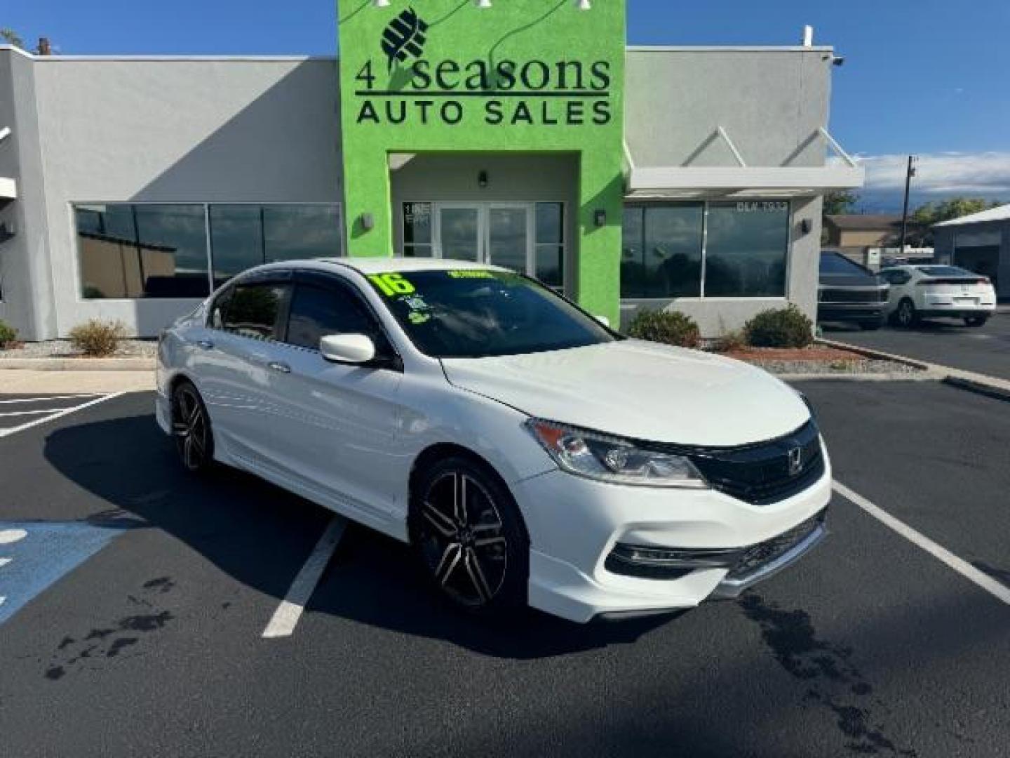 2016 White Orchid Pearl /Black, leatherette/cloth Honda Accord Sport Sedan CVT (1HGCR2F51GA) with an 2.4L L4 DOHC 16V engine, Continuously Variable Transmission transmission, located at 1865 East Red Hills Pkwy, St. George, 84770, (435) 628-0023, 37.120850, -113.543640 - Photo#0